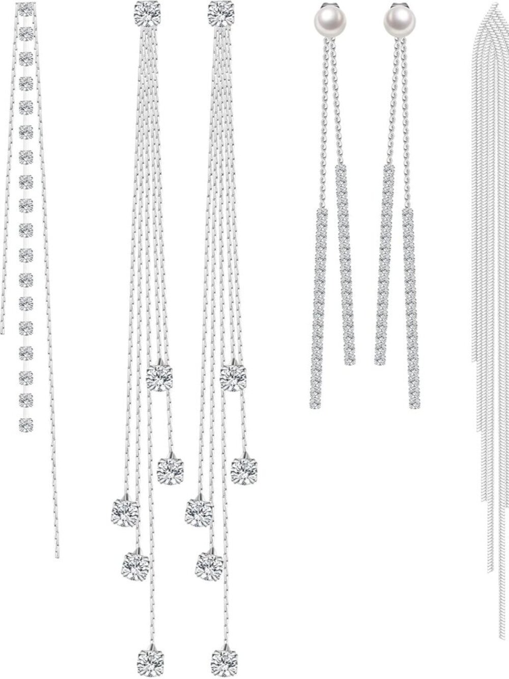 4 Pairs Long Tassel Dangle Drop Earrings Women Metal Chain Earrings Fake Crystal